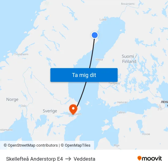 Skellefteå Anderstorp E4 to Veddesta map