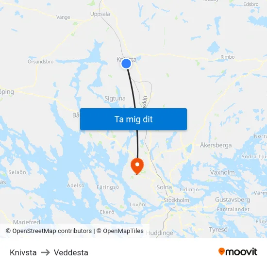 Knivsta to Veddesta map