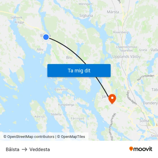 Bålsta to Veddesta map