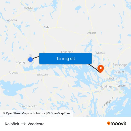 Kolbäck to Veddesta map