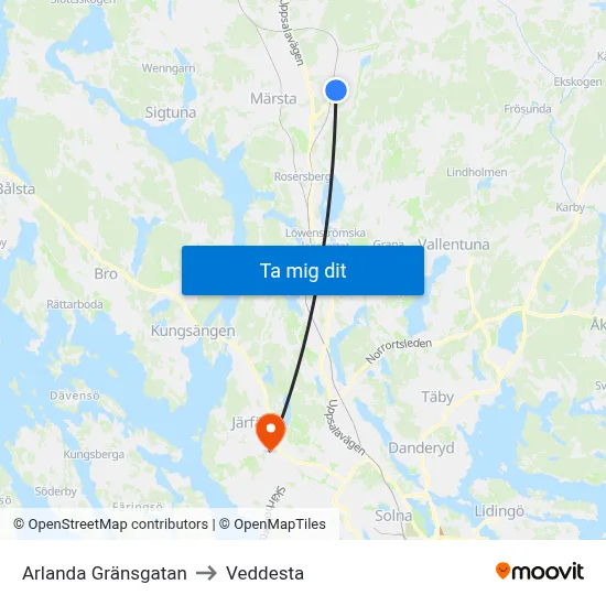 Arlanda Gränsgatan to Veddesta map
