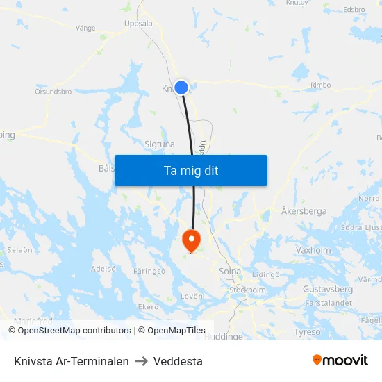 Knivsta Ar-Terminalen to Veddesta map