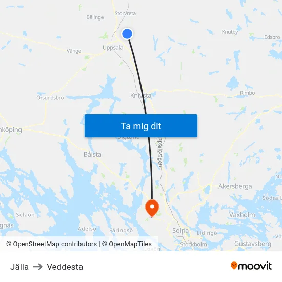 Jälla to Veddesta map