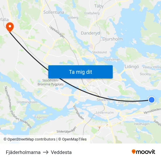 Fjäderholmarna to Veddesta map