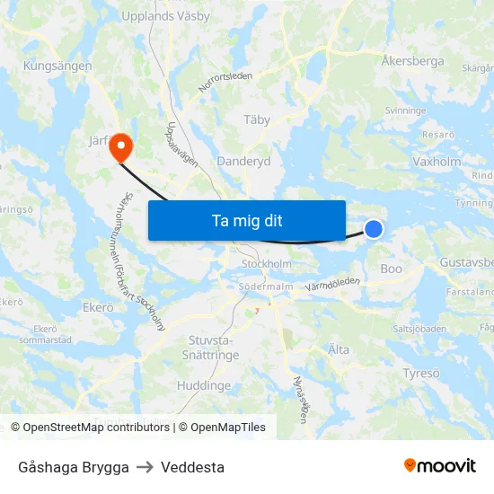Gåshaga Brygga to Veddesta map