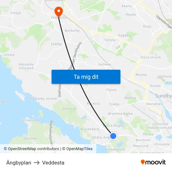Ängbyplan to Veddesta map