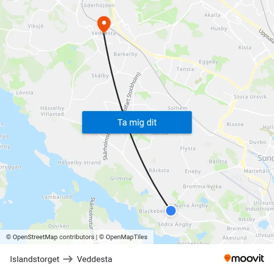 Islandstorget to Veddesta map