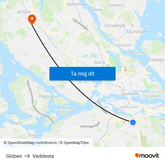Globen to Veddesta map