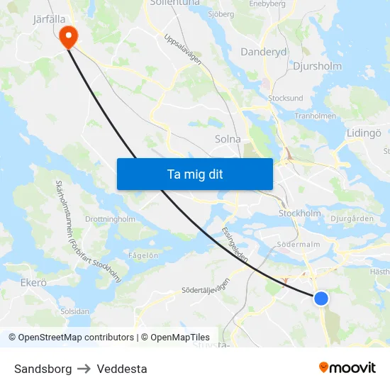 Sandsborg to Veddesta map