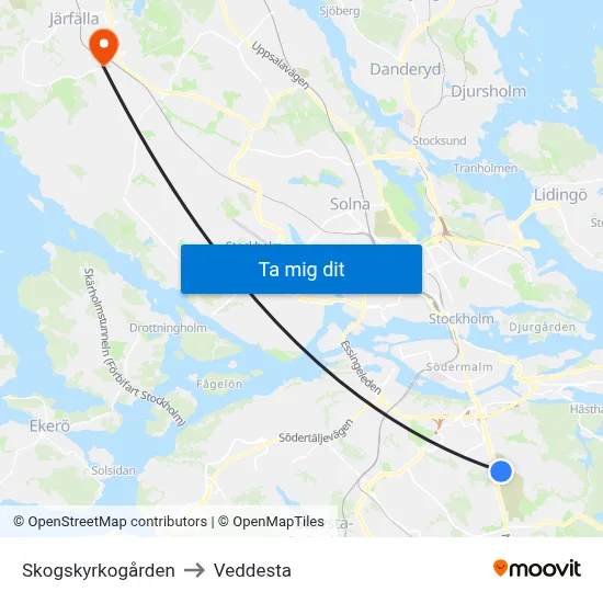 Skogskyrkogården to Veddesta map