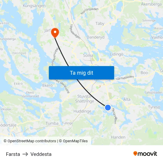 Farsta to Veddesta map