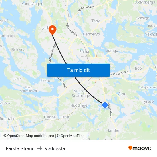 Farsta Strand to Veddesta map