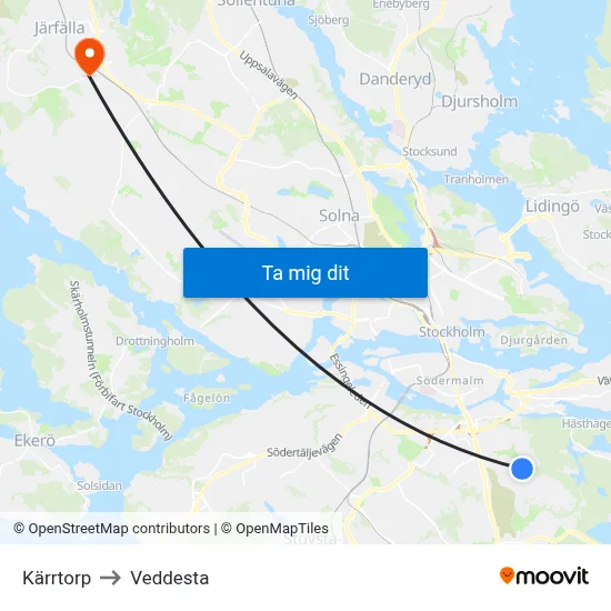 Kärrtorp to Veddesta map
