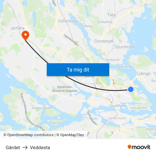 Gärdet to Veddesta map