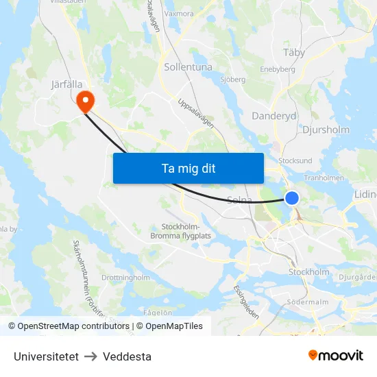 Universitetet to Veddesta map