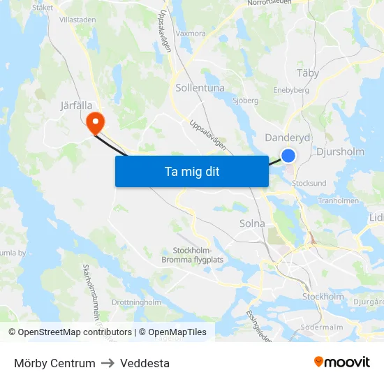 Mörby Centrum to Veddesta map