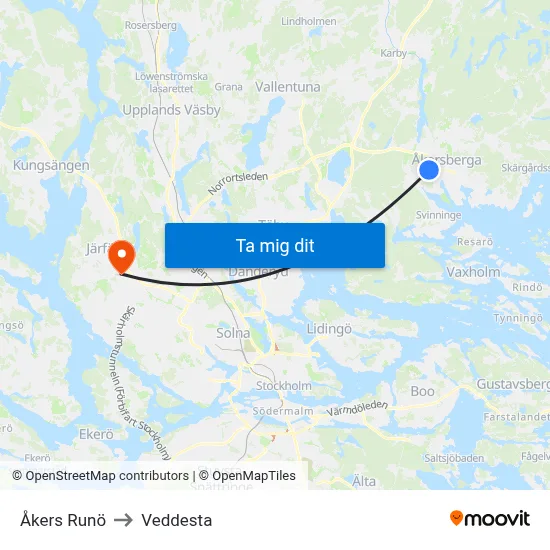 Åkers Runö to Veddesta map
