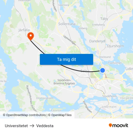 Universitetet to Veddesta map