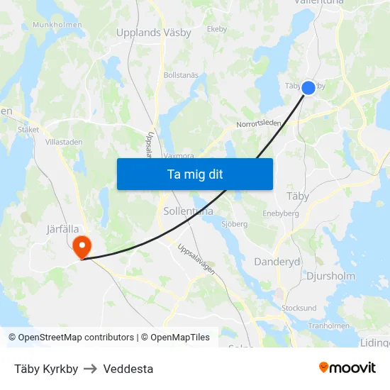 Täby Kyrkby to Veddesta map