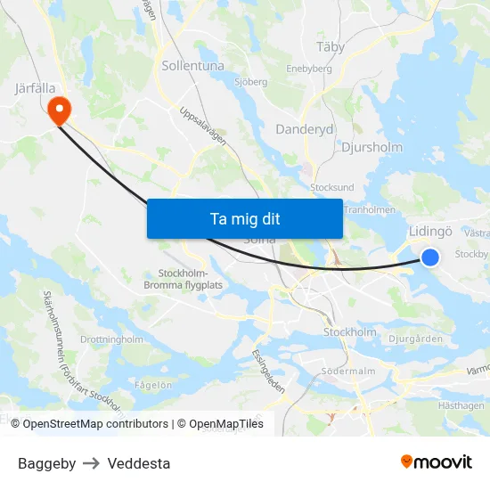 Baggeby to Veddesta map