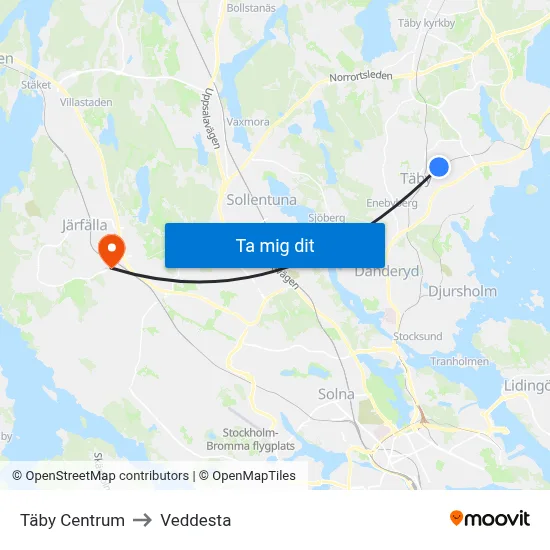 Täby Centrum to Veddesta map