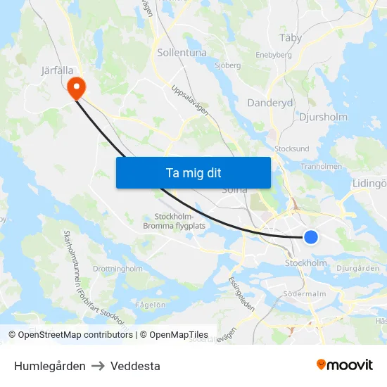 Humlegården to Veddesta map
