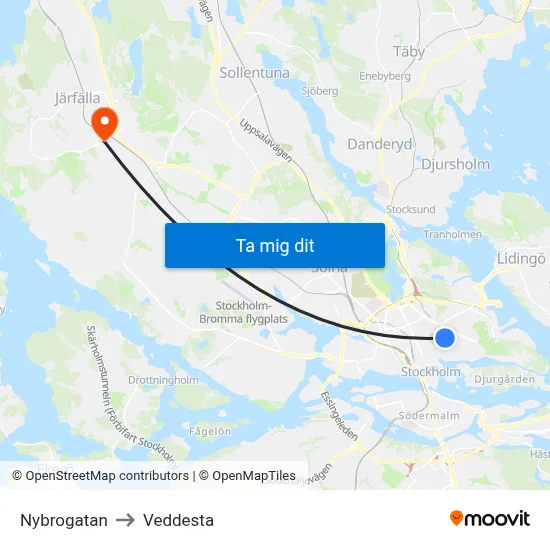 Nybrogatan to Veddesta map
