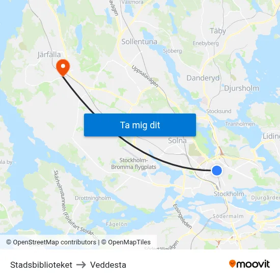 Stadsbiblioteket to Veddesta map