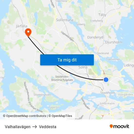 Valhallavägen to Veddesta map