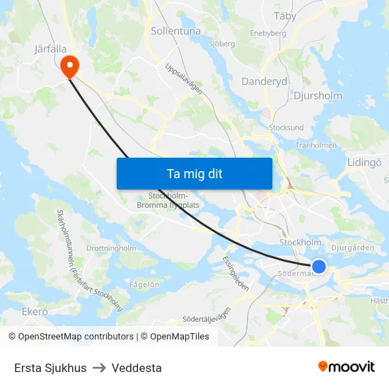 Ersta Sjukhus to Veddesta map