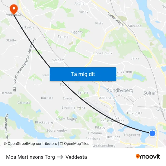 Moa Martinsons Torg to Veddesta map