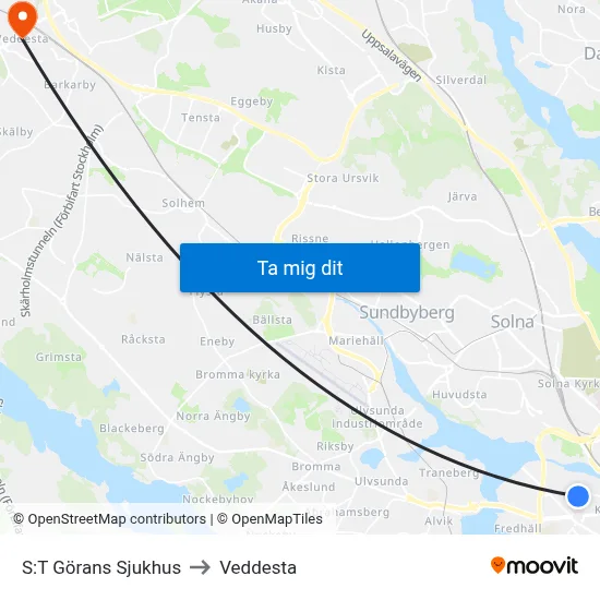 S:T Görans Sjukhus to Veddesta map