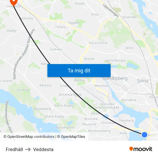 Fredhäll to Veddesta map