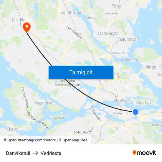 Danvikstull to Veddesta map