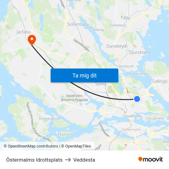 Östermalms Idrottsplats to Veddesta map
