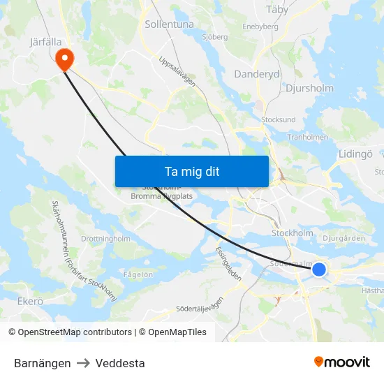 Barnängen to Veddesta map