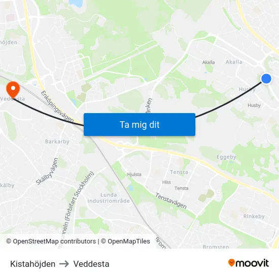 Kistahöjden to Veddesta map
