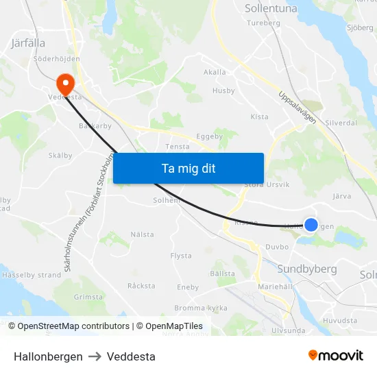 Hallonbergen to Veddesta map