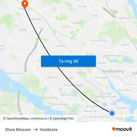Stora Mossen to Veddesta map
