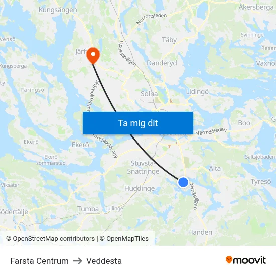 Farsta Centrum to Veddesta map