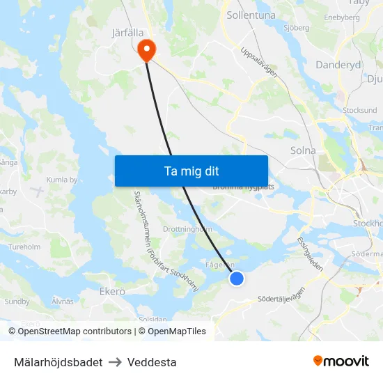 Mälarhöjdsbadet to Veddesta map