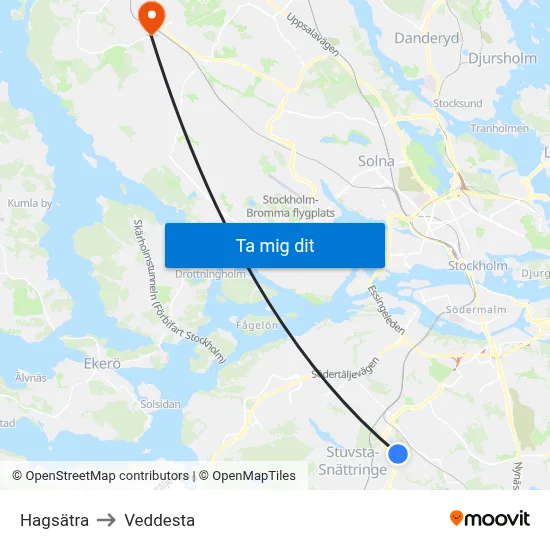 Hagsätra to Veddesta map