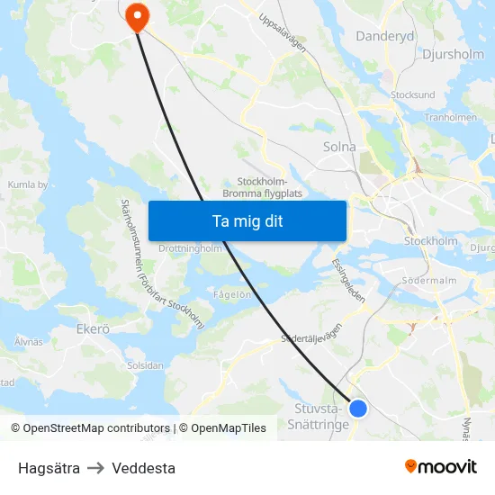 Hagsätra to Veddesta map