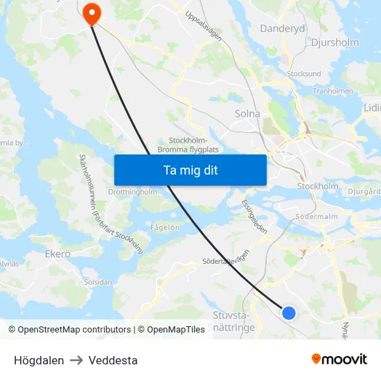 Högdalen to Veddesta map