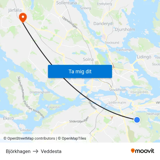 Björkhagen to Veddesta map