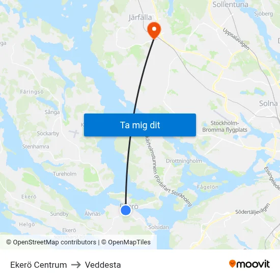 Ekerö Centrum to Veddesta map