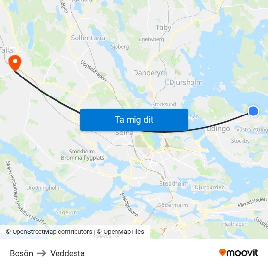 Bosön to Veddesta map
