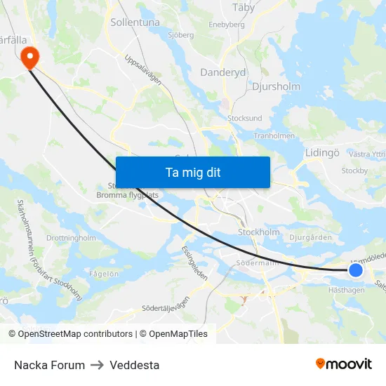 Nacka Forum to Veddesta map