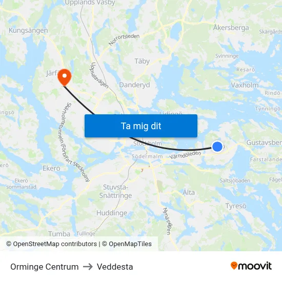 Orminge Centrum to Veddesta map