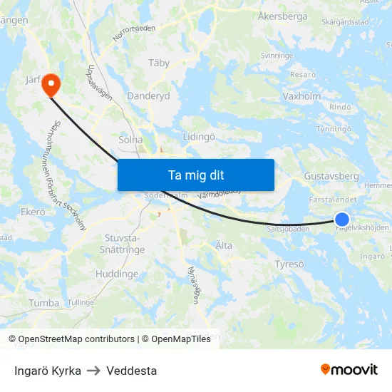 Ingarö Kyrka to Veddesta map